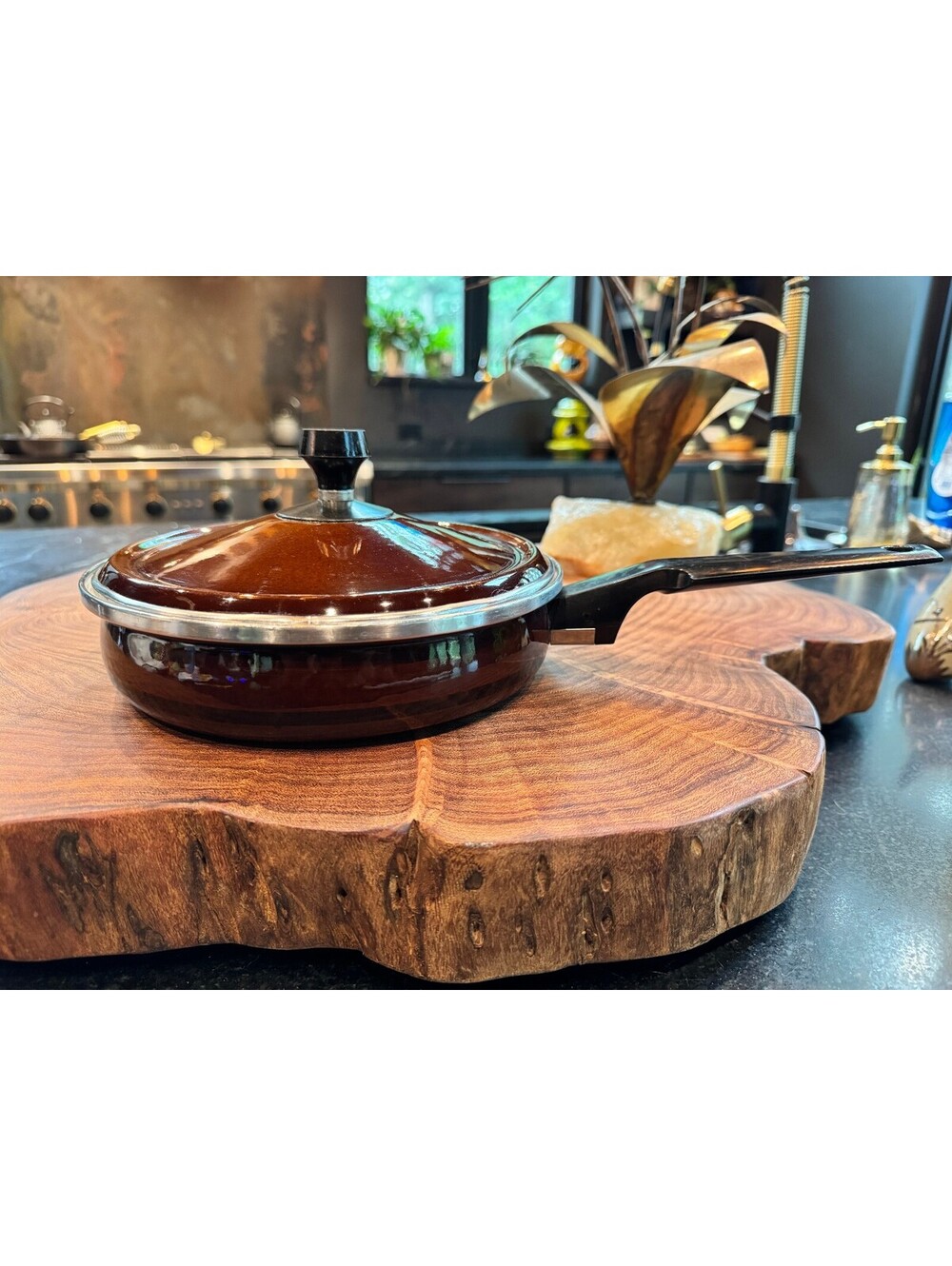 Vintage West Bend Scandia Brown Enamel 8" Covered Skillet Pan w/ Lid 1970s MCM
